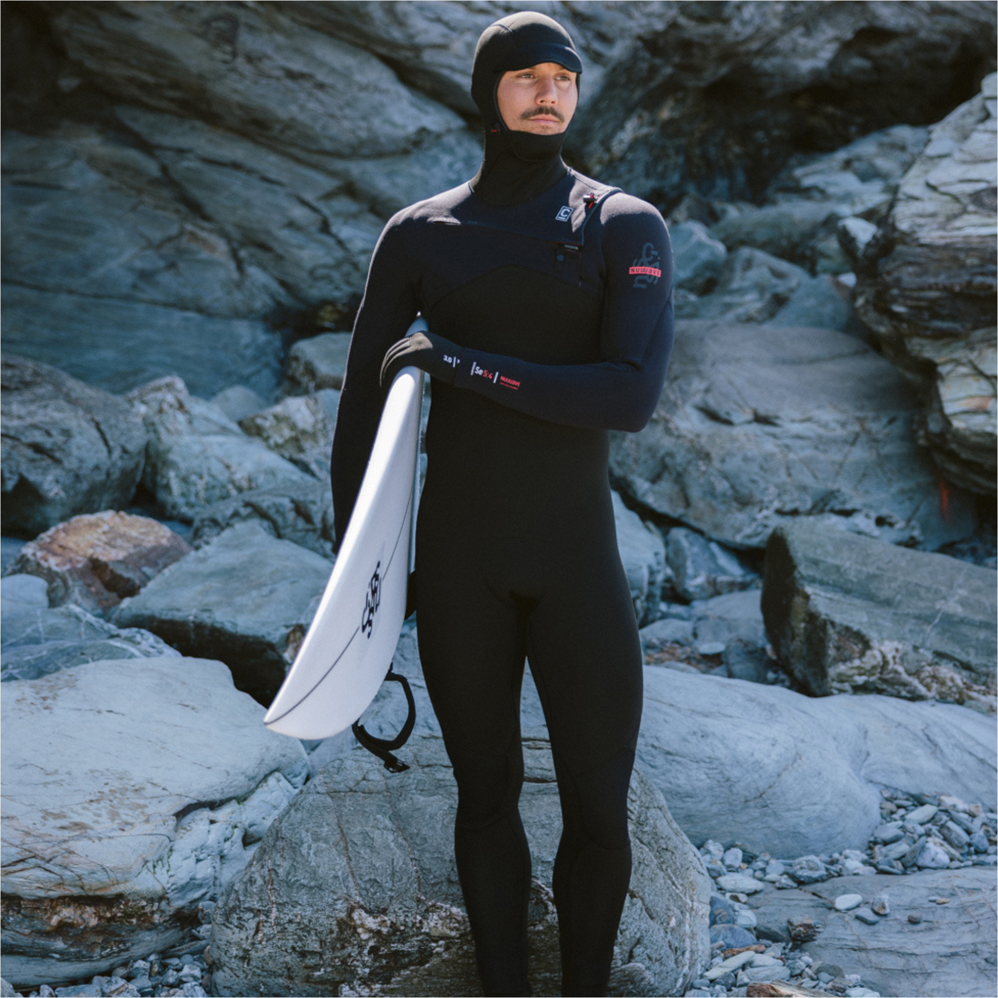2026 C-Skins Mens Nuwave Session 5/4/3mm Hooded Wetsuit CSE54MH - Black / Black / Red